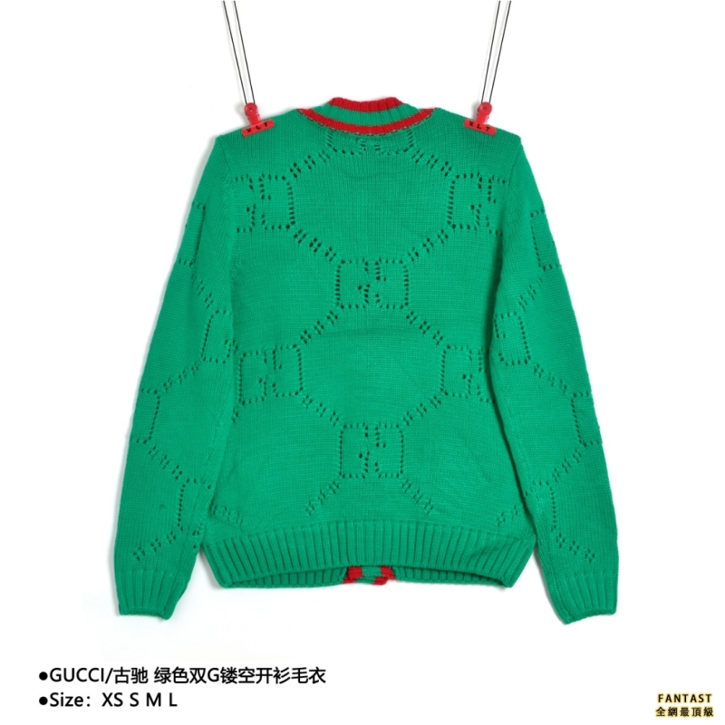 GUCCI/古馳 綠色雙G鏤空開衫毛衣