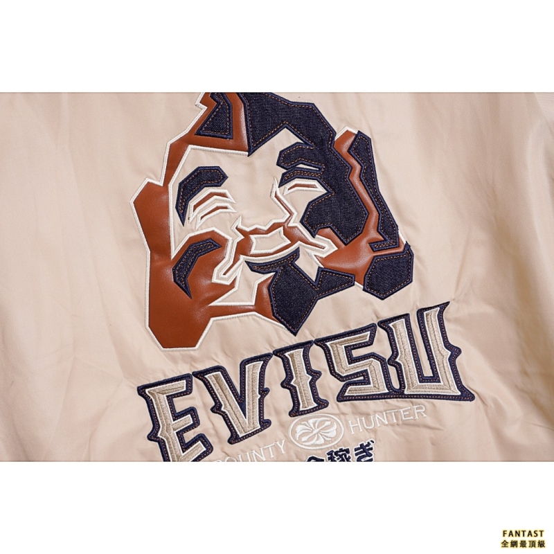 EVISU/福神 21ss 皮革與牛仔佛頭貼布棒球棉衣外套  
