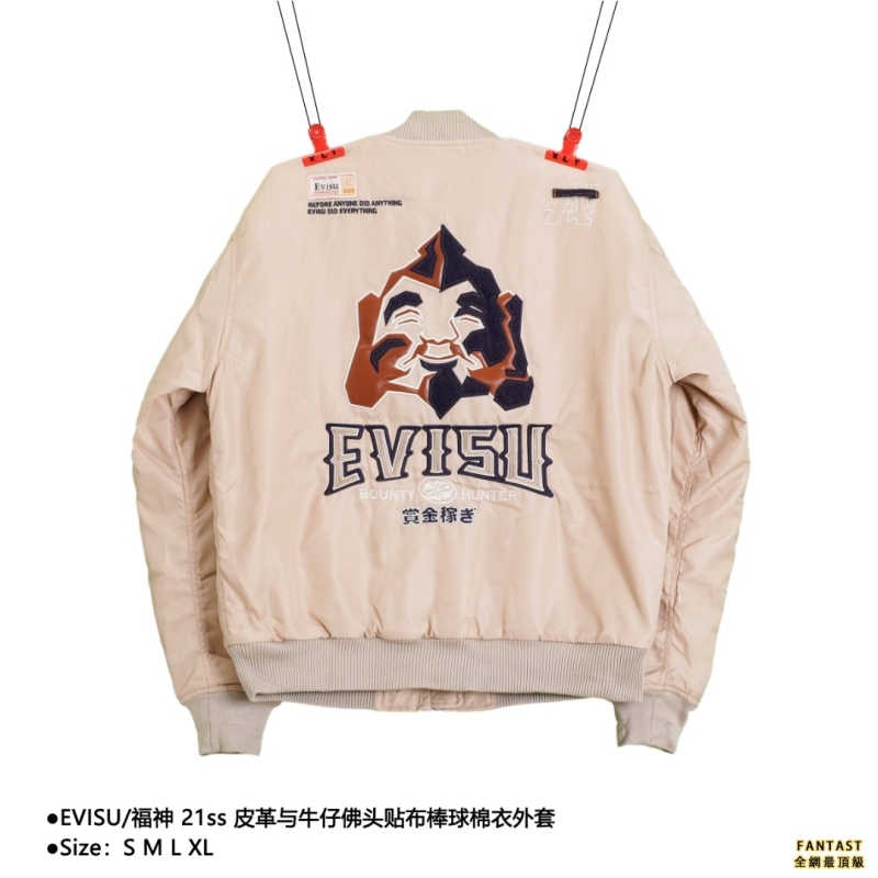 EVISU/福神 21ss 皮革與牛仔佛頭貼布棒球棉衣外套  