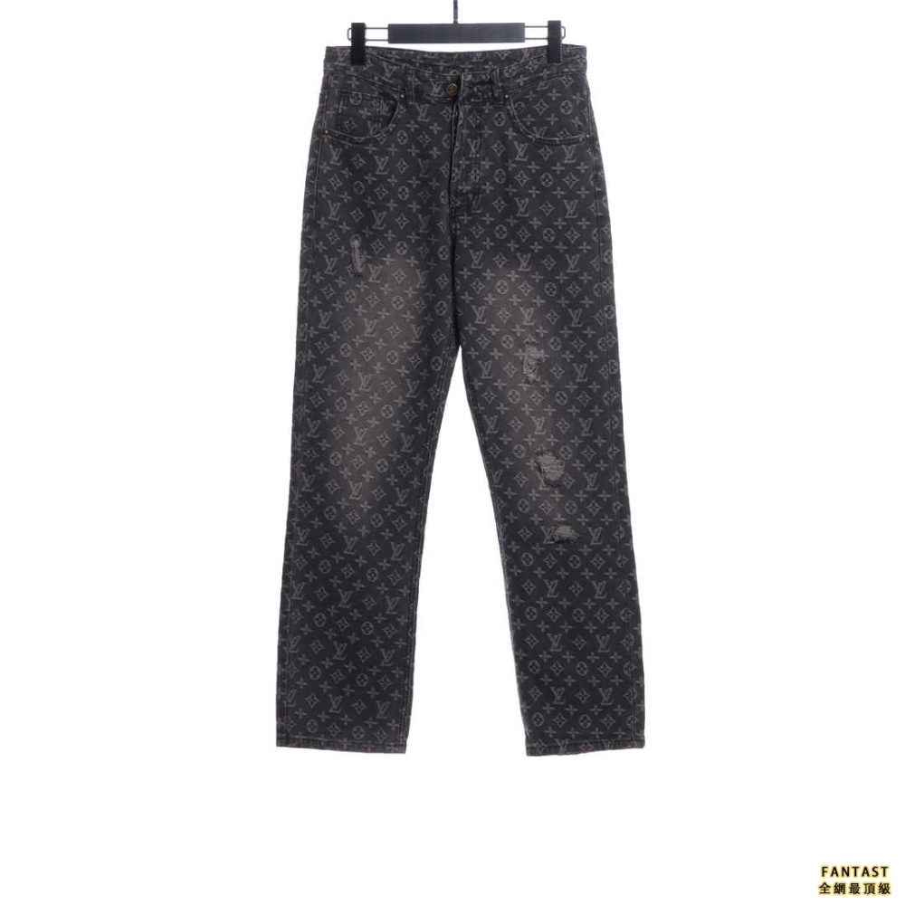 LV滿印做破牛仔長褲  