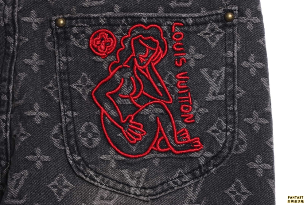 LV滿印做破牛仔長褲  