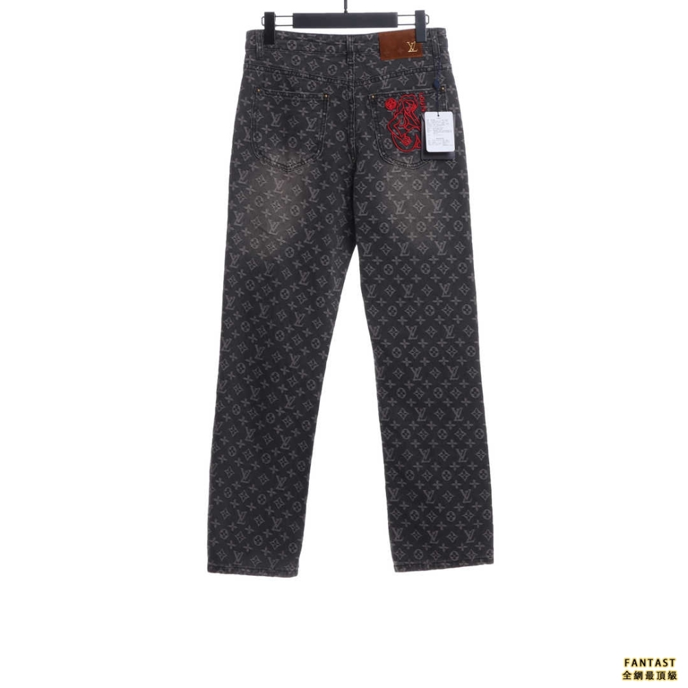 LV滿印做破牛仔長褲  