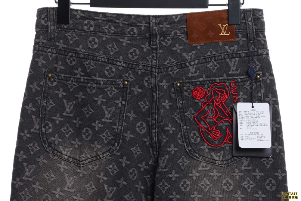 LV滿印做破牛仔長褲  