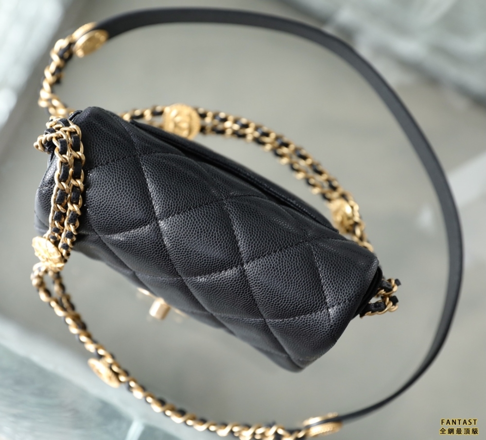 Chanel 22A手工坊 金幣鏈條口蓋包 mini黑色