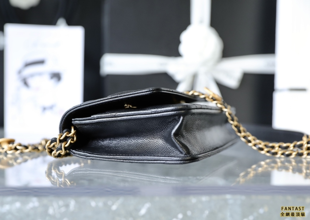 Chanel 22A手工坊 徽章金幣鏈條 woc黑色