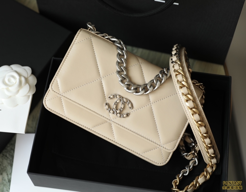 CHANEL22c早春新款 最新啞銀扣19WOC淺杏