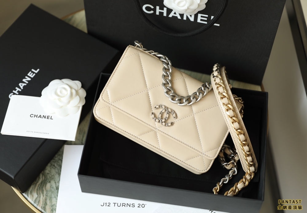 CHANEL22c早春新款 最新啞銀扣19WOC淺杏