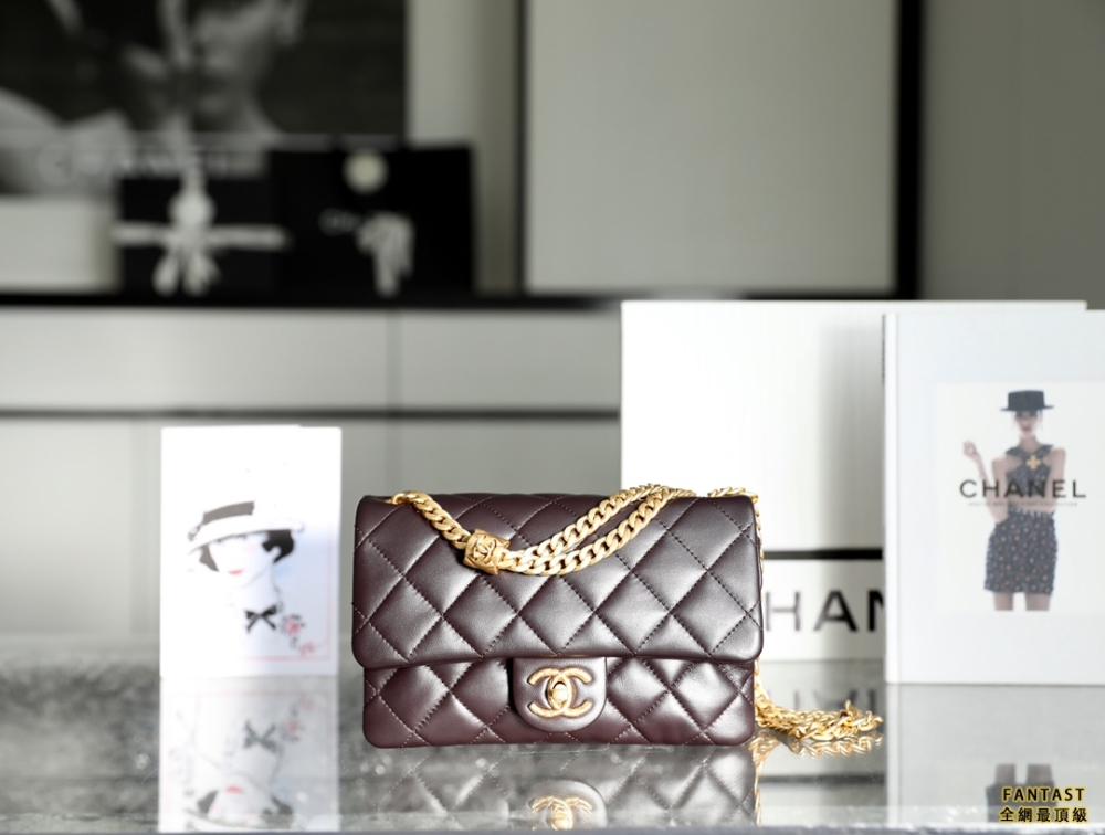 Chanel 22k秋冬 小金柱調節鏈口蓋包/深棕 
