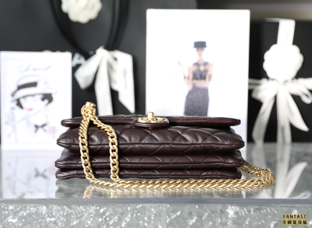 Chanel 22k秋冬 小金柱調節鏈口蓋包/大號 深棕 