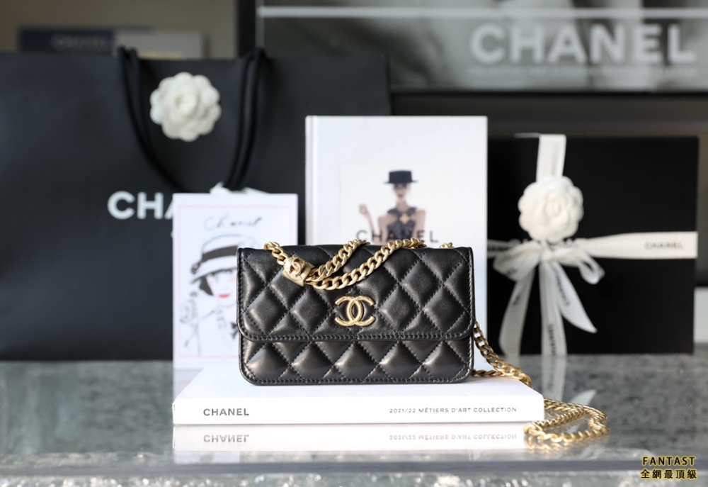 Chanel 22k秋冬 小金柱調節鏈手機包 黑色