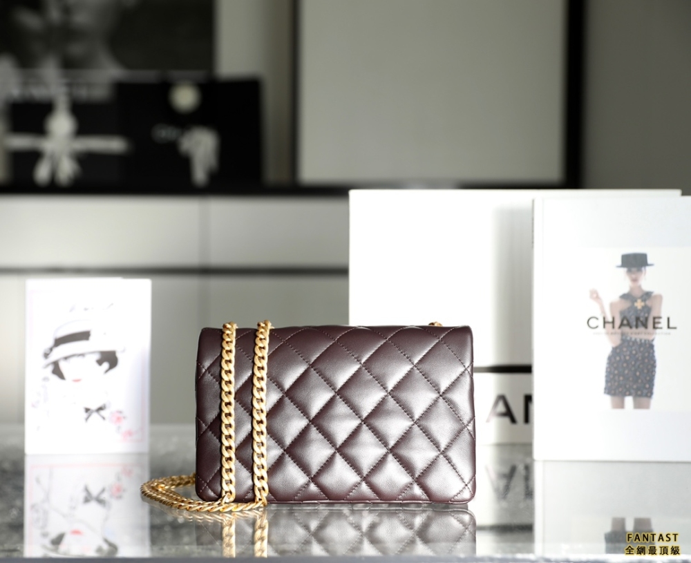 Chanel 22k秋冬 小金柱調節鏈口蓋包/深棕 