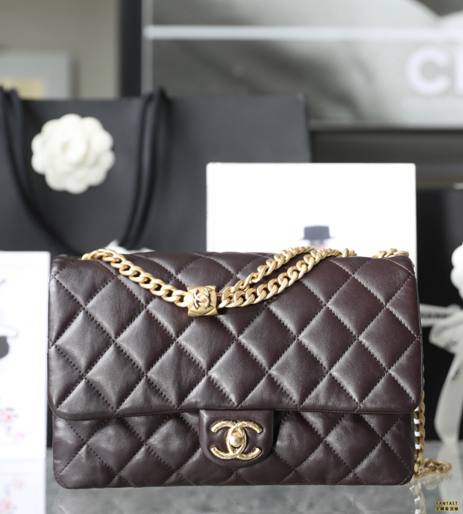 Chanel 22k秋冬 小金柱調節鏈口蓋包/大號 深棕 