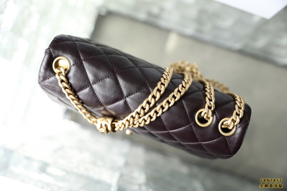 Chanel 22k秋冬 小金柱調節鏈口蓋包/大號 深棕 