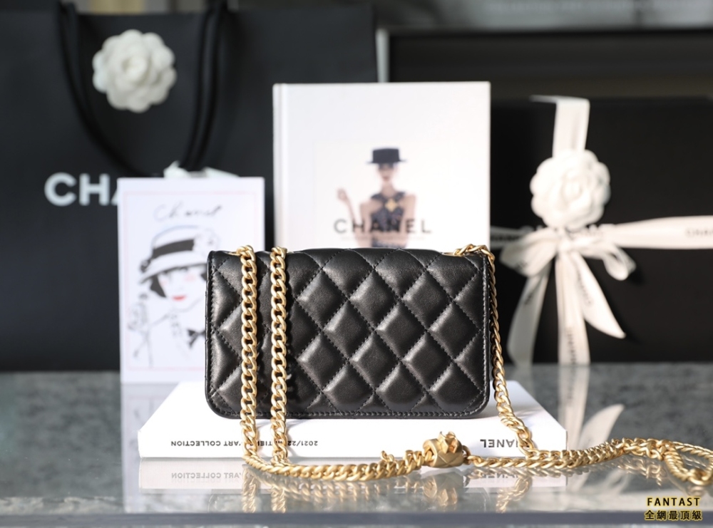 Chanel 22k秋冬 小金柱調節鏈手機包 黑色