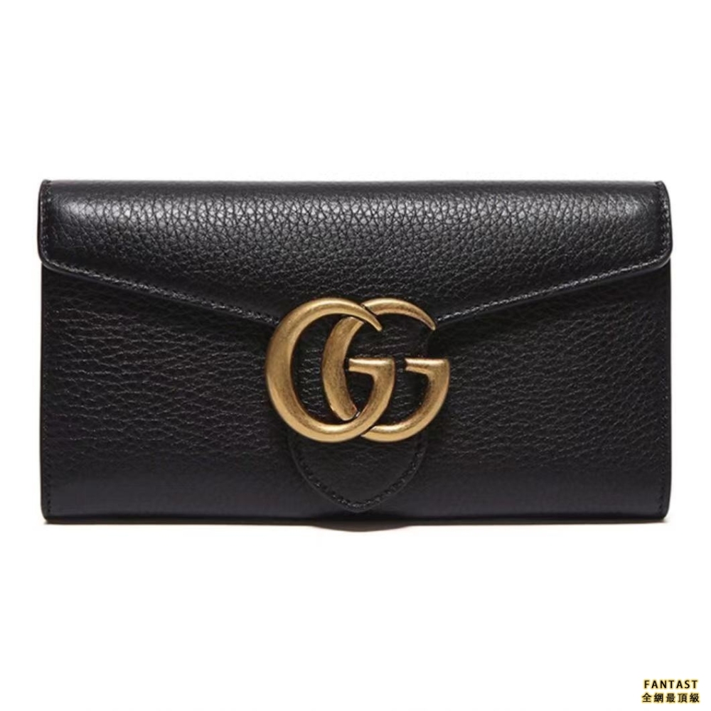 Gucci 古馳 GG Marmont 馬蒙 金標Logo 皮革 長款翻蓋錢包錢夾 女款 黑色 經典推薦