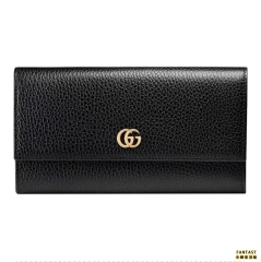 Gucci 古馳 Marmont 皮革 小號雙G金屬裝飾 拉鏈零錢袋 按扣封口 長款錢包 女款 黑色