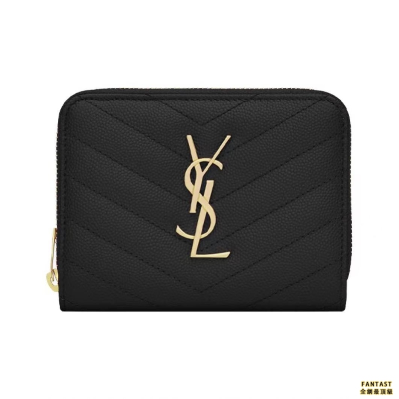 SAINT LAURENT 聖羅蘭 YSL Monigram 金標Logo 粒面壓花 銜縫皮革 短款拉鏈錢包錢夾女款 黑色