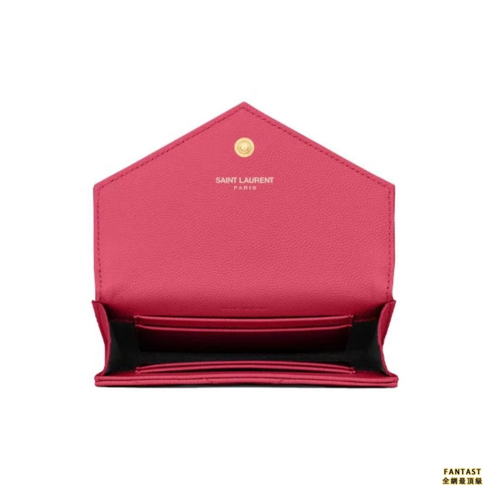 SAINT LAURENT 聖羅蘭 YSL Monogram 金標Logo 粒紋壓花 銜縫皮革 短款翻蓋信封錢包 小號 女款 紫紅色/玫粉色