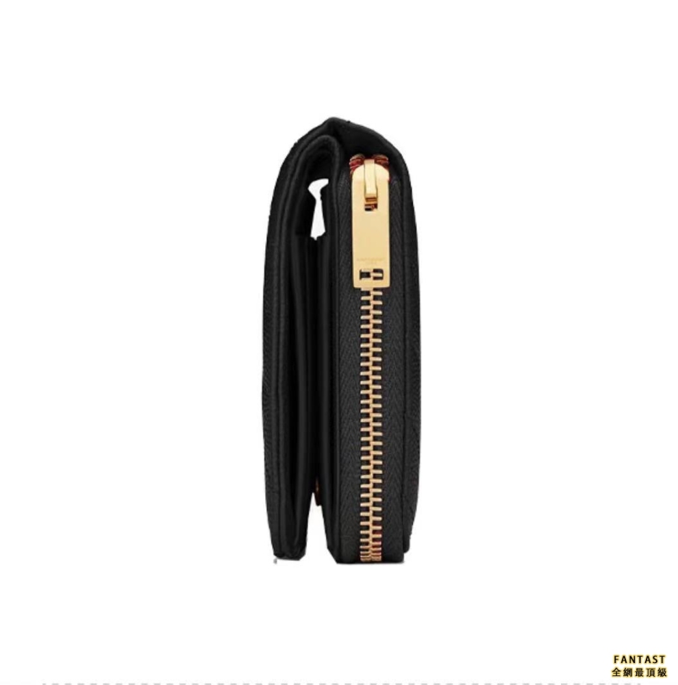 SAINT LAURENT 聖羅蘭 YSL Monigram 金標Logo 粒面壓花 銜縫皮革 短款拉鏈錢包錢夾女款 黑色