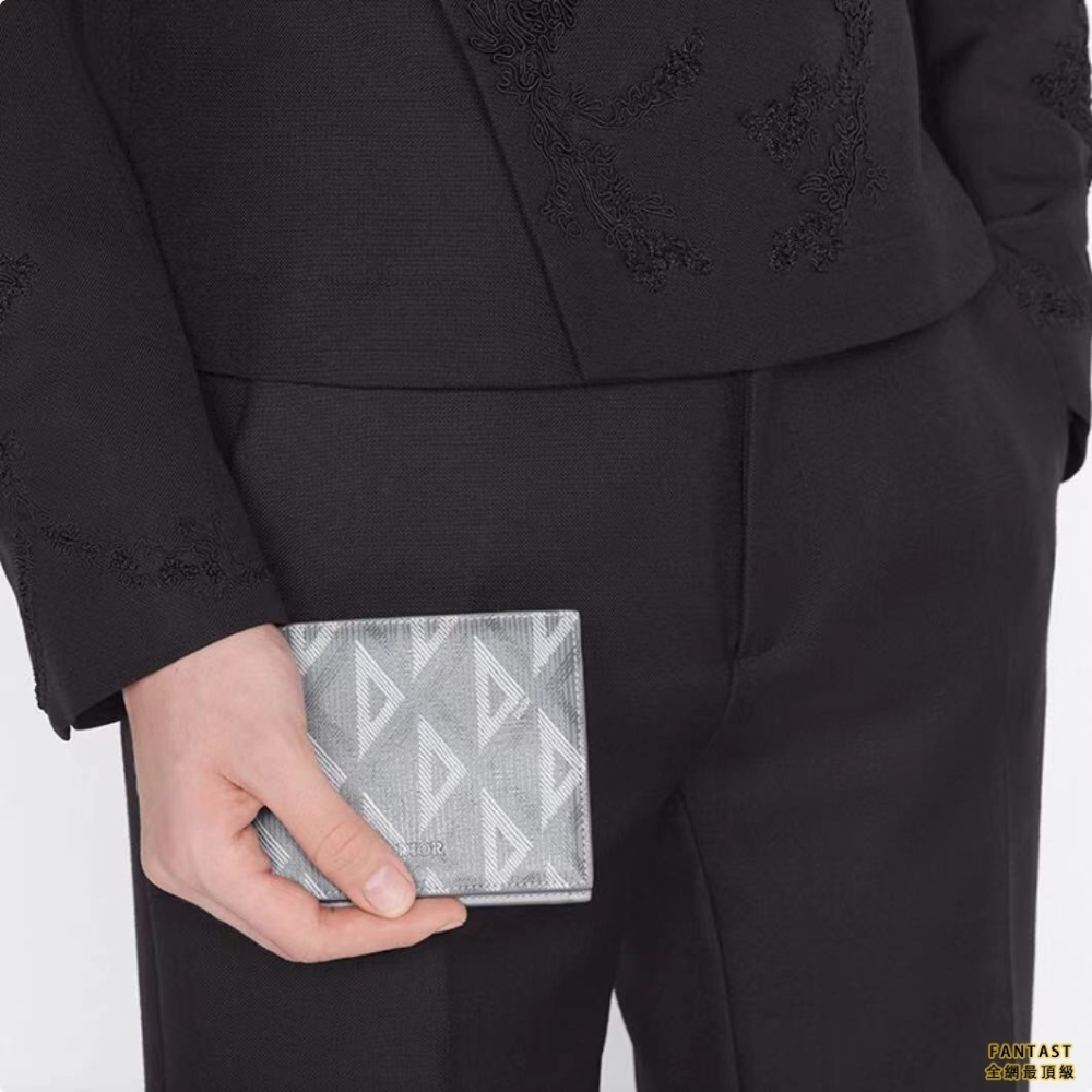 DIOR 迪奧 帆布 CD Diamond圖案 光滑牛皮革 錢包卡包卡夾錢夾 男款 灰色