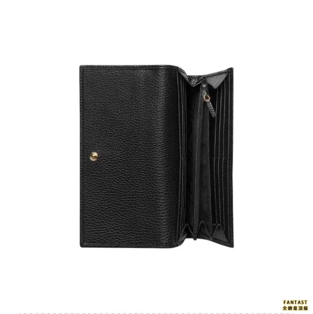 Gucci 古馳 Marmont 皮革 小號雙G金屬裝飾 拉鏈零錢袋 按扣封口 長款錢包 女款 黑色