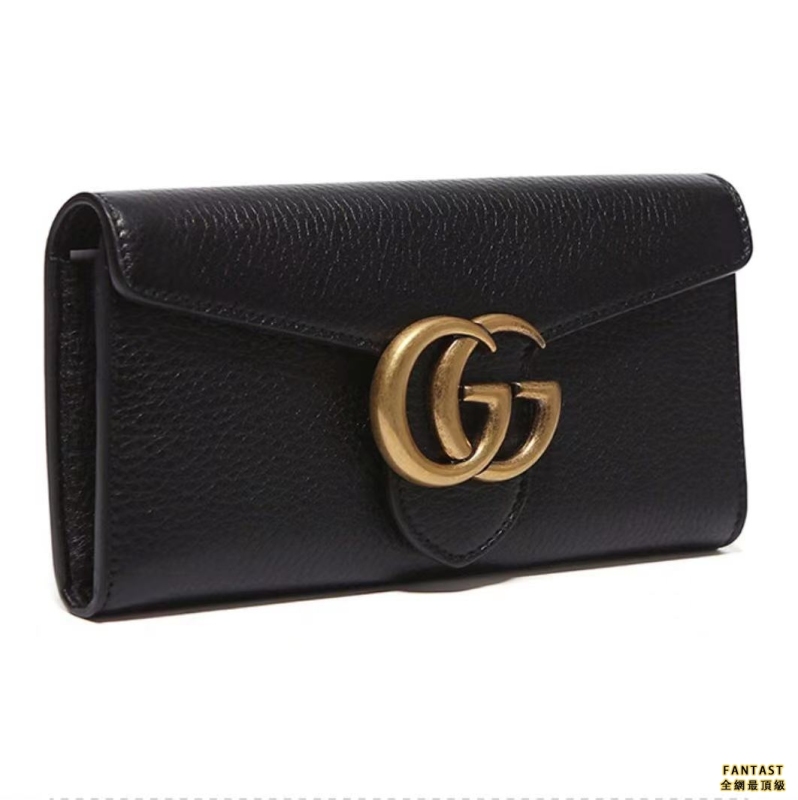 Gucci 古馳 GG Marmont 馬蒙 金標Logo 皮革 長款翻蓋錢包錢夾 女款 黑色 經典推薦