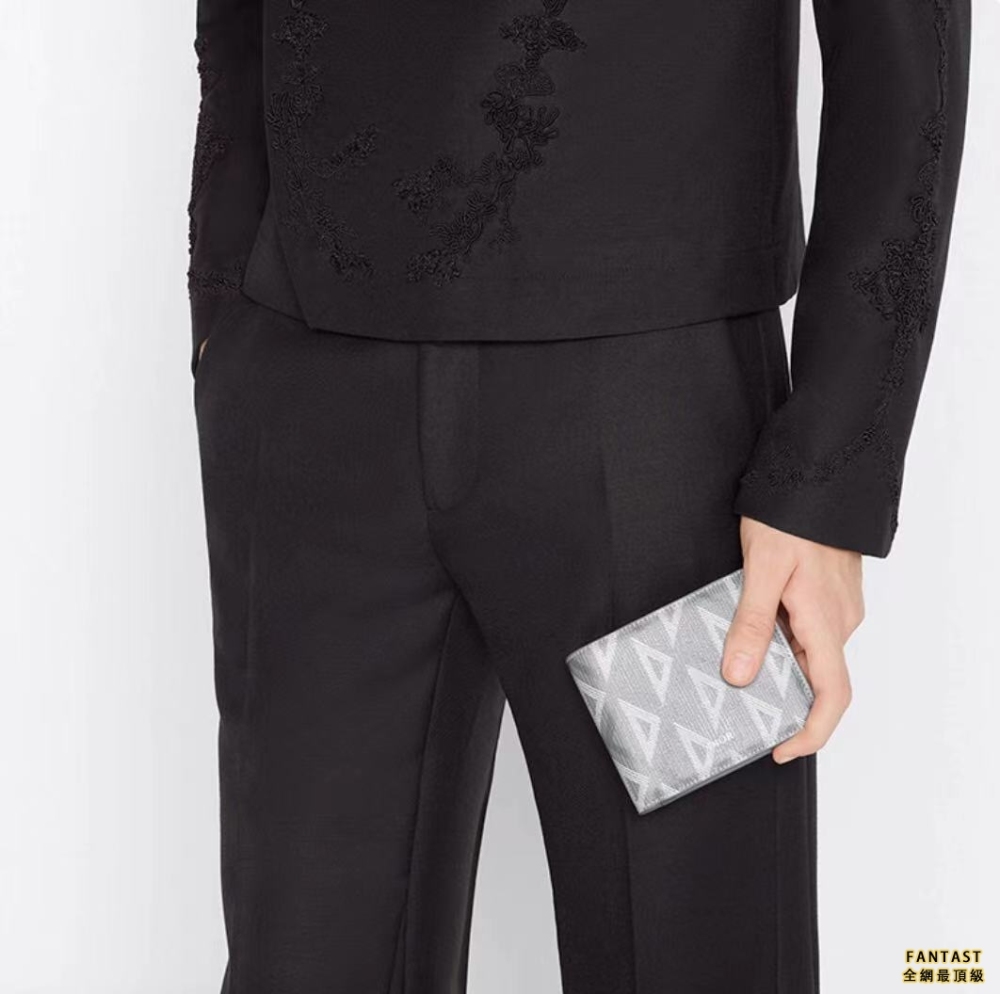 DIOR 迪奧 帆布 CD Diamond圖案 光滑牛皮革 錢包卡包卡夾錢夾 男款 灰色