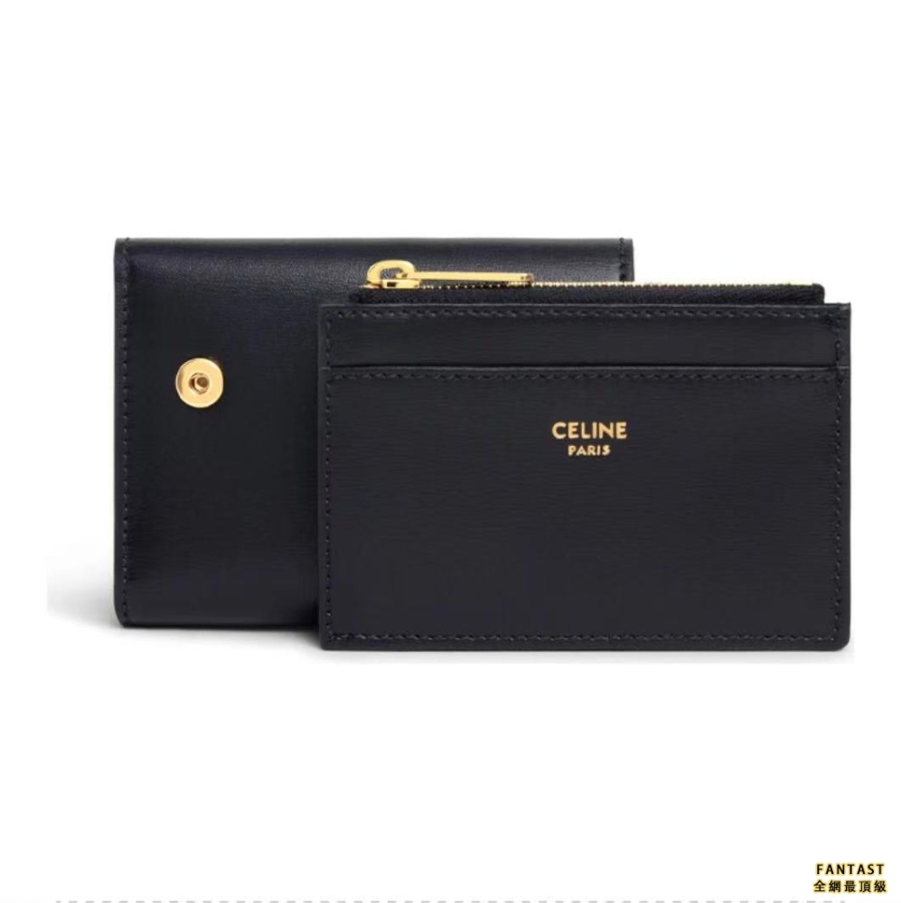 CELINE 賽琳 亮澤牛皮革短款零錢包 凱旋門金屬質感鎖扣三折錢包 女款 黑色