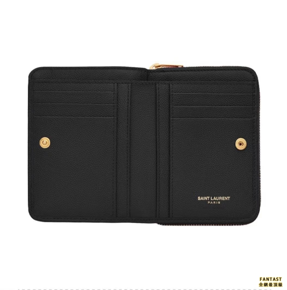 SAINT LAURENT 聖羅蘭 YSL Monigram 金標Logo 粒面壓花 銜縫皮革 短款拉鏈錢包錢夾女款 黑色