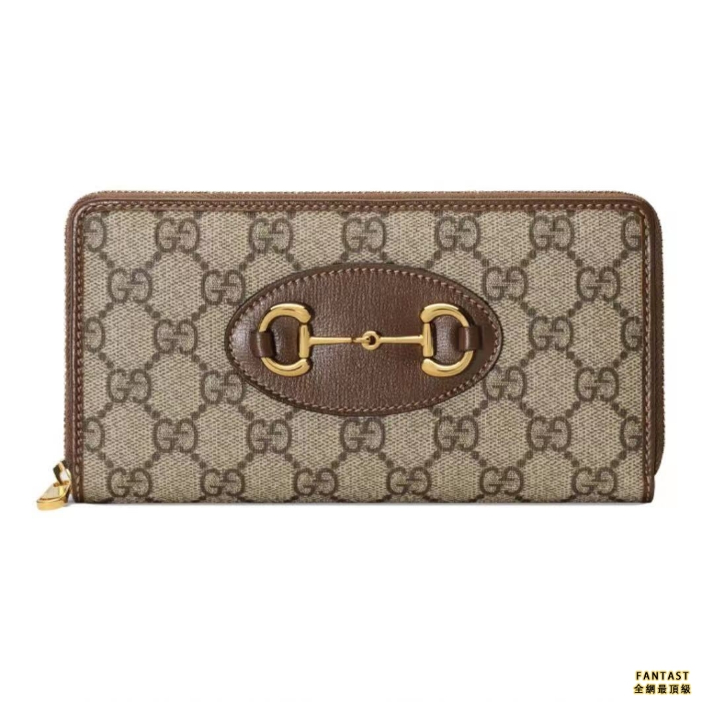 Gucci 古馳 馬銜扣 1955 復古金扣 老花LOGO 帆布拼皮 長款拉鏈錢包錢夾 男女同款 烏木色/棕色