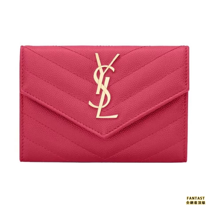 SAINT LAURENT 聖羅蘭 YSL Monogram 金標Logo 粒紋壓花 銜縫皮革 短款翻蓋信封錢包 小號 女款 紫紅色/玫粉色