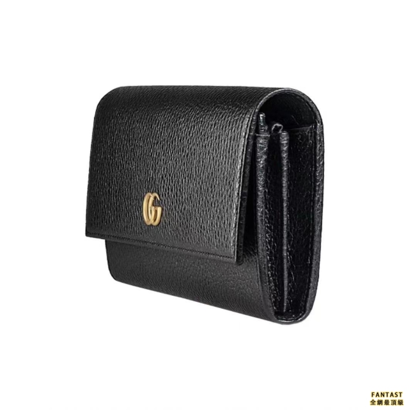 Gucci 古馳 Marmont 皮革 小號雙G金屬裝飾 拉鏈零錢袋 按扣封口 長款錢包 女款 黑色