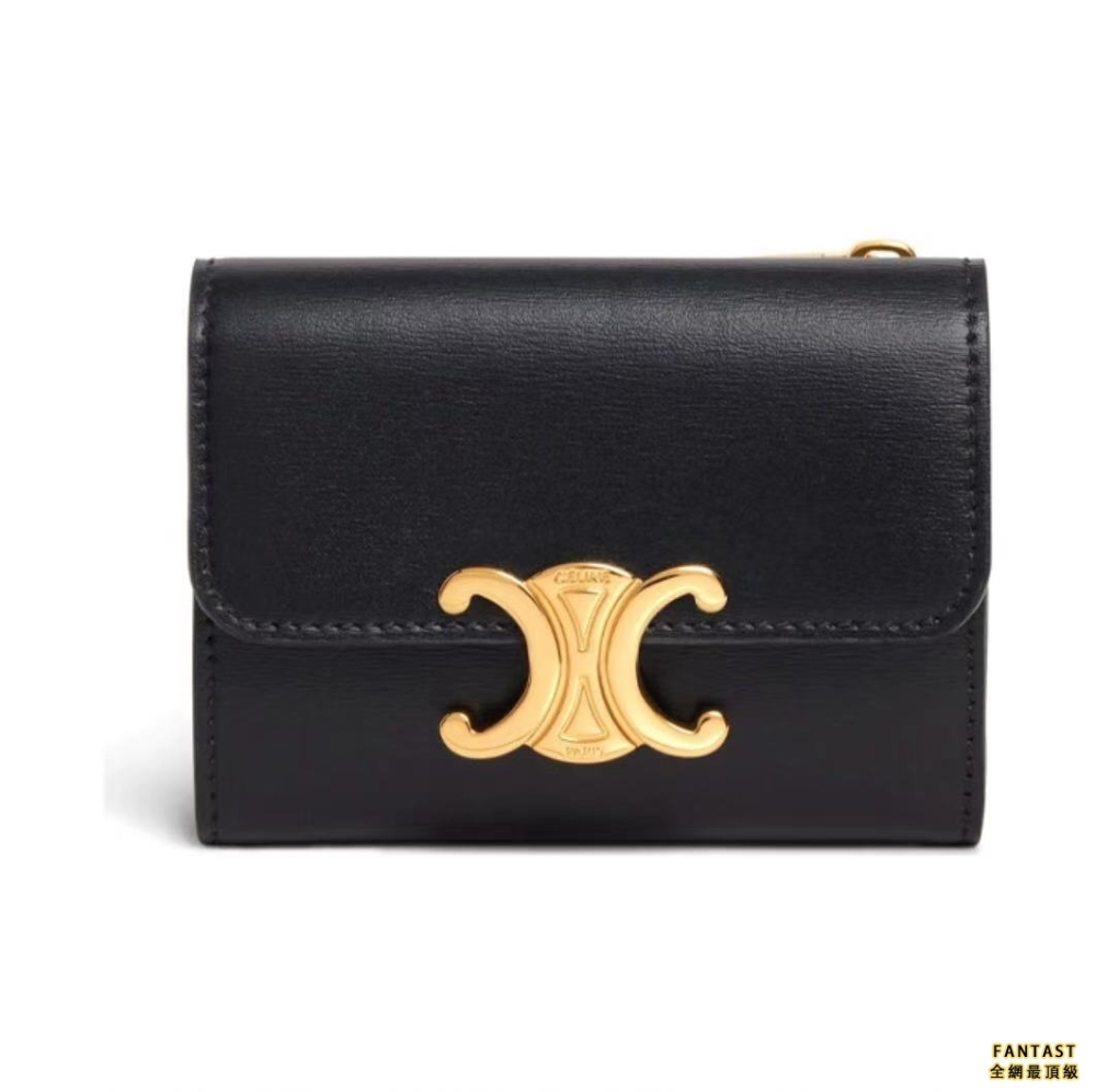 CELINE 賽琳 亮澤牛皮革短款零錢包 凱旋門金屬質感鎖扣三折錢包 女款 黑色