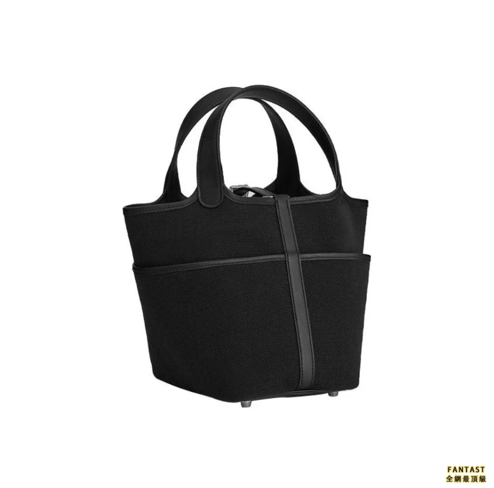 HERMES 愛馬仕 Picotin Lock Cargo 18 Pockets Cargo 銀扣 帆布拼Swift 小牛皮 菜籃子水桶包手提包 女款 Nior黑色