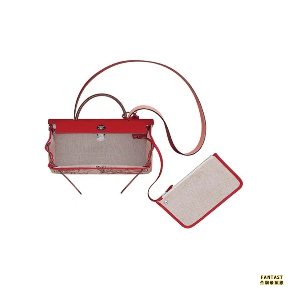 HERMES 愛馬仕 Herbag Zip 31 銀扣飛馬 Hunter牛皮拼帆布 手提單肩斜挎包 女款 辣椒紅