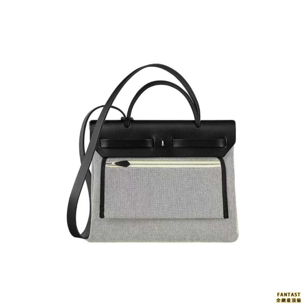 HERMES 愛馬仕 Herbag 31 飛馬印花銀扣 帆布拼牛皮 手提單肩斜挎包 女款 黑色