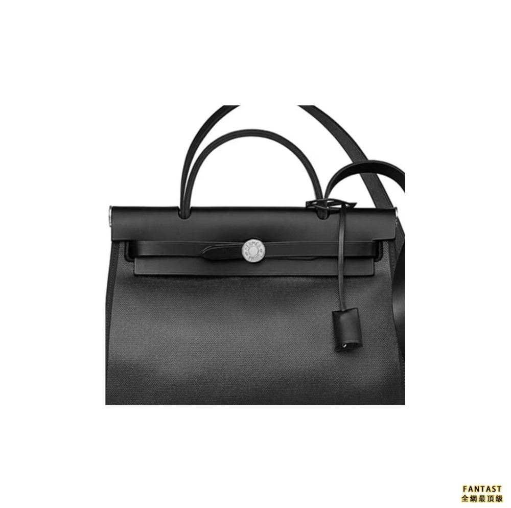 HERMES 愛馬仕 Herbag Zip 31 銀扣 H Berline防水帆布拼Hunter牛皮 手提單肩斜挎包 男女同款 黑色/淺米色