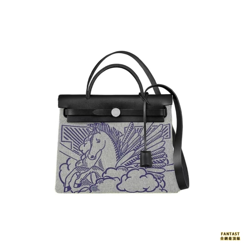 HERMES 愛馬仕 Herbag 31 飛馬印花銀扣 帆布拼牛皮 手提單肩斜挎包 女款 黑色