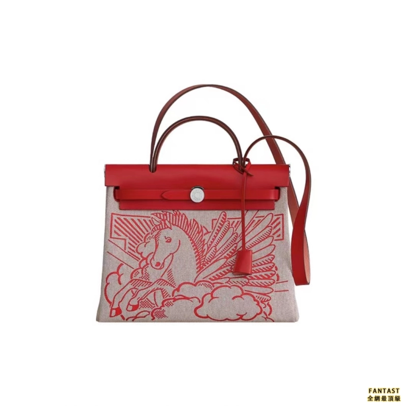 HERMES 愛馬仕 Herbag Zip 31 銀扣飛馬 Hunter牛皮拼帆布 手提單肩斜挎包 女款 辣椒紅