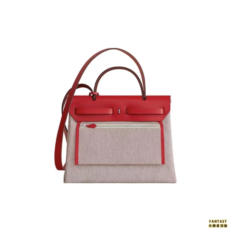 HERMES 愛馬仕 Herbag Zip 31 銀扣飛馬 Hunter牛皮拼帆布 手提單肩斜挎包 女款 辣椒紅