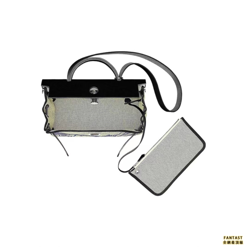 HERMES 愛馬仕 Herbag 31 飛馬印花銀扣 帆布拼牛皮 手提單肩斜挎包 女款 黑色