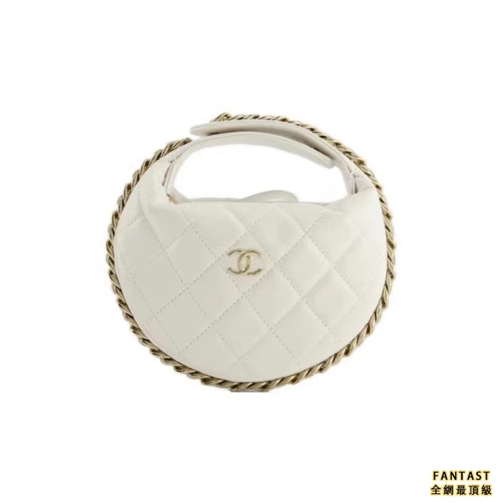CHANEL 香奈兒 23C早春呼啦圈金扣 羊皮革 手拿包月牙包手提包 女款 白色 小資女包包