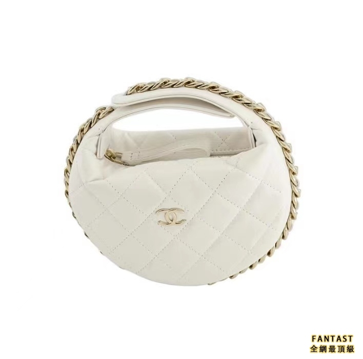 CHANEL 香奈兒 23C早春呼啦圈金扣 羊皮革 手拿包月牙包手提包 女款 白色 小資女包包