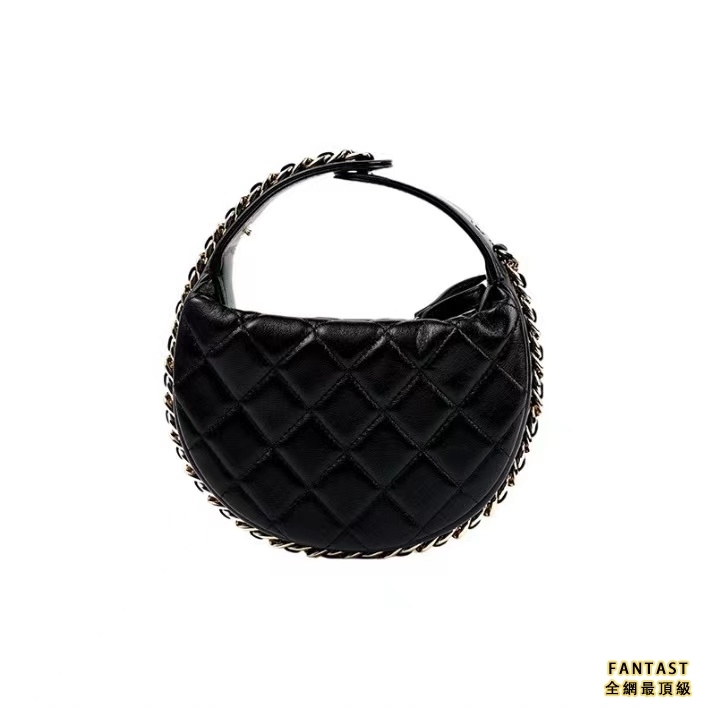 CHANEL 香奈兒 23C早春系列 呼啦圈手拿包 月牙包 金扣 羊皮 手提包 女款 黑色
