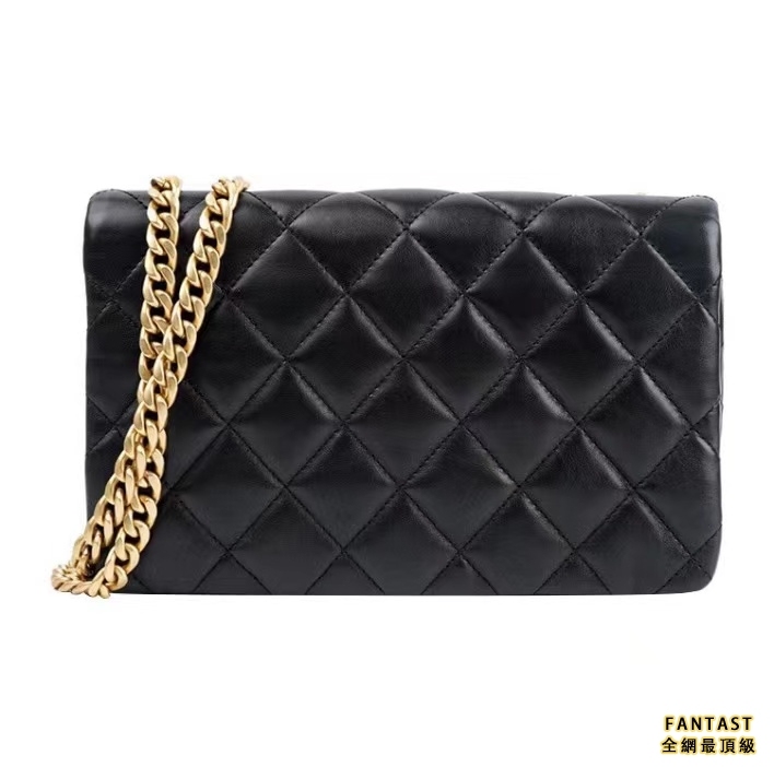 CHANEL 香奈兒 22K秋冬 菱格金扣鏈條肩帶翻蓋開合 羊皮革 斜挎包 女款 黑色