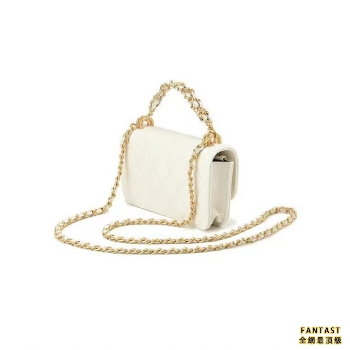 CHANEL 香奈兒 22KWOC 金扣雙鏈條 顆粒壓花荔枝皮牛皮 斜挎包 小號 女款 白色