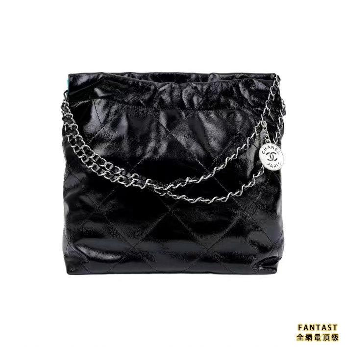 CHANEL 香奈兒 22Bag 超大容量銀色Logo鏈條光面小牛皮 單肩包 女款 黑色