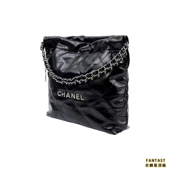 CHANEL 香奈兒 22Bag 超大容量銀色Logo鏈條光面小牛皮 單肩包 女款 黑色