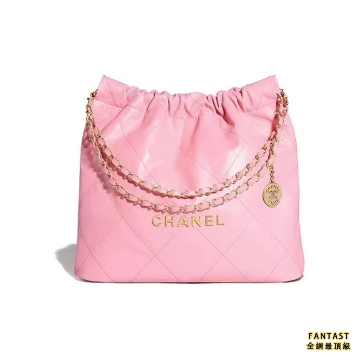 CHANEL 香奈兒 BAG系列 全新金色LOGO光面小牛皮托特包Tote包購物袋手提單肩斜挎包 中號 女款 珊瑚粉色