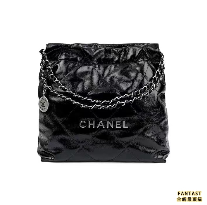 CHANEL 香奈兒 22Bag 超大容量銀色Logo鏈條光面小牛皮 單肩包 女款 黑色